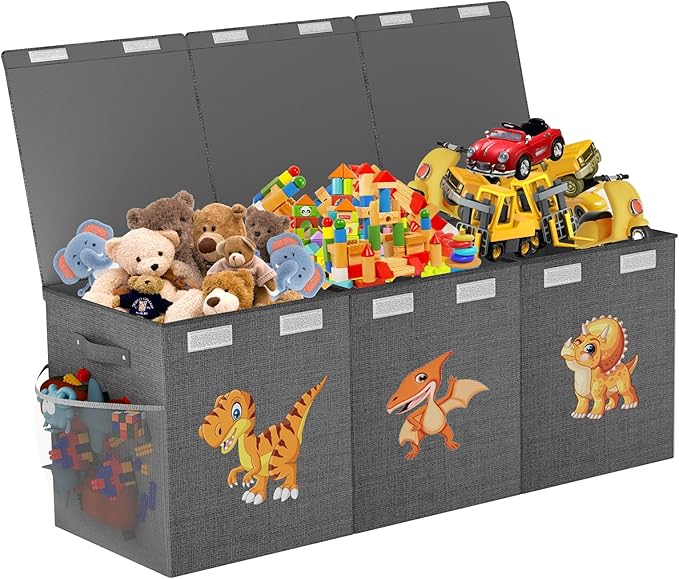 Extra Large Toy Box Chest, Collapsible Sturdy Toy Storage Organizer Boxes Bins Baskets Dinosaur Kids Toy Chest Bin with Lids for Boys Girls Living Room Playroom Bedroom Nursery 41"x14"x16" Gray