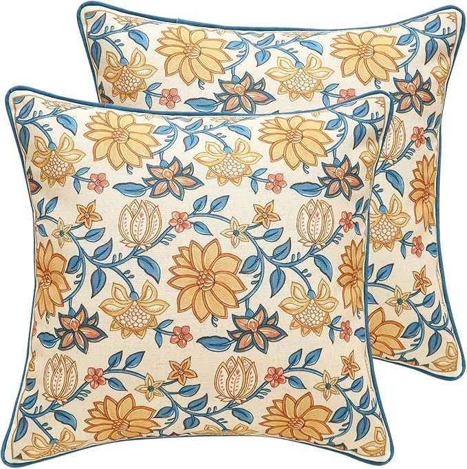 Design Square Simple Elegant Linen Throw Pillow Covers 18"x18" Pack of 2, Blue Yellow Floral Pattern Cushion Covers Decor Pillowcases for Bed,Living Room,Outdoor,Car
