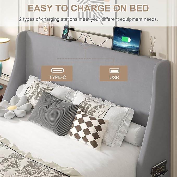 VECELO Queen Bed Frame with Upholstered Wingback Headboard, Heavy-Duty Platform Bedframe with Charging Station, Wooden Slats, No Box Spring Needed, Light Grey