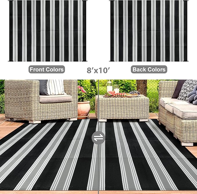 Lahome Striped Outdoor Rug 8x10 Patio Waterproof, Reversible Outdoor Plastic Straw Rug for Camping, RV Patio Rugs Outside Large Carpet for Porch Deck Backyard Picnic(Black/Grey,8'x 10')