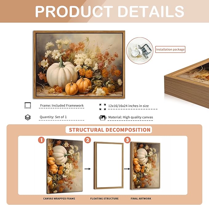 Framed Fall Pumpkin Canvas Wall Art - Farmhouse White & Orange Pumpkins Still Life Pictures Prints, Autumn Halloween Thanksgiving Wall Decor for Living Room Kitchen 12x16 inch