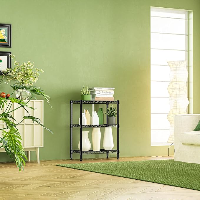 IZEUK 3-Tier Steel Storage Shelves, Heavy Duty Metal Shelf Wire Shelving Rack for Pantry, Kitchen, Living Room, or Office Organization (21.7" W x 11.8" D x 28.6" H, 750LBS, Black)