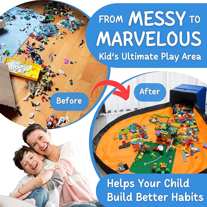 XL Toy Storage Organizer with Play Mat - Storage Bag/Box for Kids, Boys, Girls, Nursery, Playroom - Basket for Building Bricks/Blocks - Collapsible Fabric Cube Bin, 13"x13"x15"