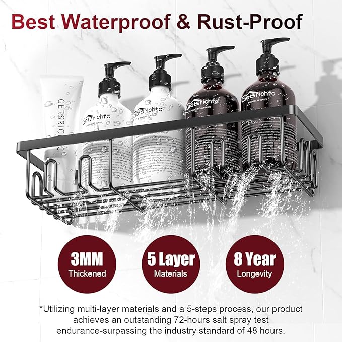 Adhesive Shower Caddy, Shower Shelves with 16 Hooks, Rustproof Shelf Wall Corner Racks for Inside Bath, No Drilling & Sleek Bathroom Organizers and Storage Caddies Soap Holder, 2 Pack