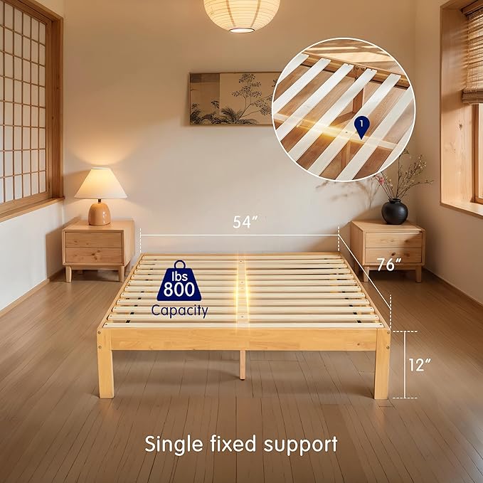 Hokway Wood Full Size Bed Frame- No Wobble,Noise-Free,Easy Assembly with Precise Holes,12 in Wood Slat Support,No Box Spring Needed,Natural