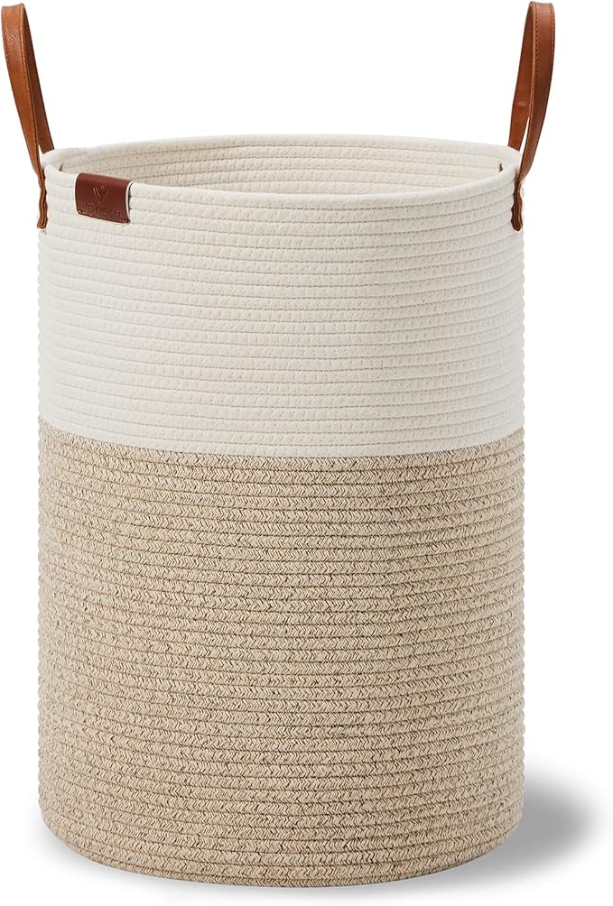 VIPOSCO Tall Laundry Basket, Large Dirty Clothes Hamper with Leather Handle, Woven Rope Storage Basket for Blanket, Toy In Living Room, Bathroom, Bedroom - 72L White & Brown