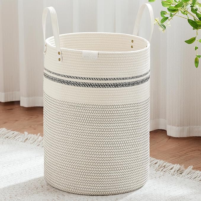 VIPOSCO Tall Laundry Basket, Large Dirty Clothes Hamper with Leather Handle, Woven Rope Storage Basket for Blanket, Toy In Living Room, Bathroom, Bedroom - 100L Stripe White