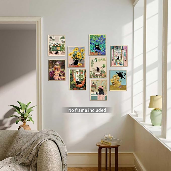 SEHSUVC Funny Black Cat Poster Set of 9, Vintage Van Gogh Black Cat Wall Art Prints, Colorful Cat Floral Aesthetic Prints Wall Decor Paintings for Bedroom Bathroom Dorm Home Decor 8x10In Unframed