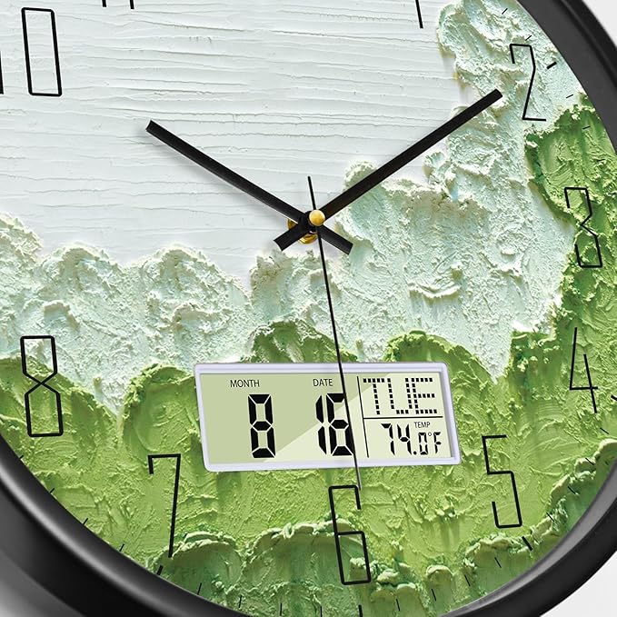 Modern Wall Clock with Temperature Green Forest Large Display Non-Ticking Battery Operated Clock with Date and Week for Kitchen Bedroom Living Room Farmhouse Decor 14 Inch