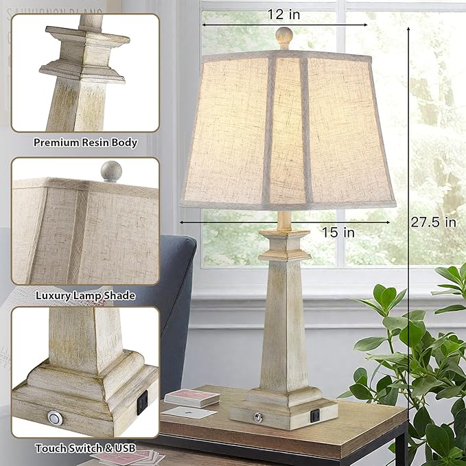 27.5" Table Lamps Set of 2, 3-Way Dimmable Touch Lamps for Nightstand, Farmhouse Table Lamp for Living Room and Bedroom with USB A+C Charging Ports, Bulbs Included (Antique White)