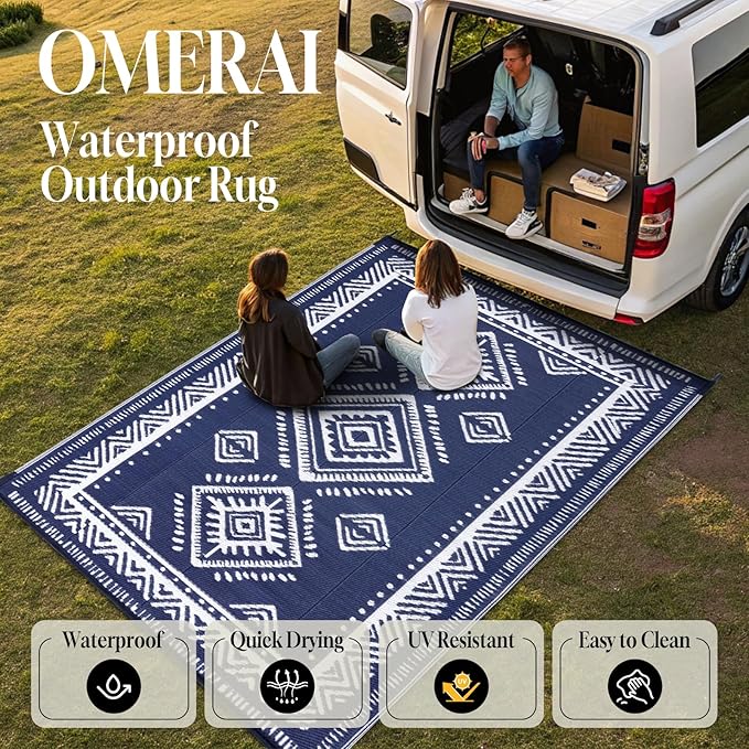 OMERAI Reversible Waterproof Outdoor Rug for Backyard,Plastic Textured Resistant Outdoors Rugs,Portable Washable Easy Cleaning Foldable Camping Beach Carpet for Patio Courtyard, 5'x8' Blue & White