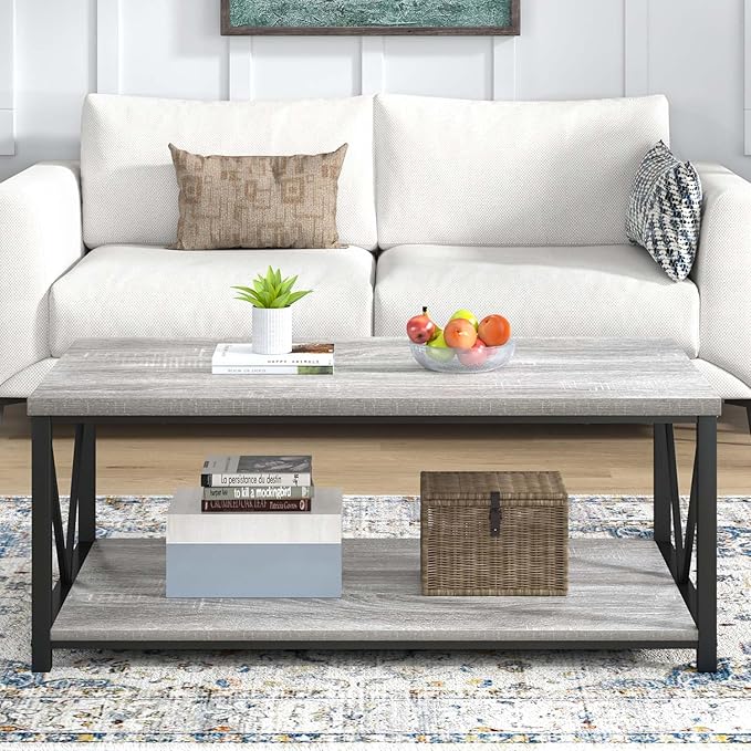 FOLUBAN Modern Coffee Table, Rustic Wood and Metal Center Table with Storage Shelf, Industrial Cocktail Table for Living Room, Light Grey, 39 Inch
