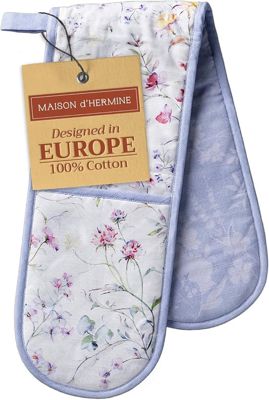 Maison d' Hermine Double Oven Mitts 100% Cotton 7"x35" Double Oven Mitt Heat Resistant BBQ Cooking Gloves with Loop, Baking, Grilling, Home, Kitchen, Handling Hot Pans Spring Summer (Summer Floral)