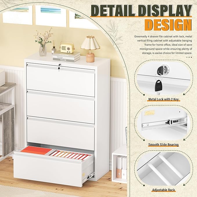 Greenvelly 4 Drawer Lateral File Cabinet with Lock, White Metal Filing Cabinet for Home Office, Locking Metal File Cabinet for Legal/Letter/A4/F4 Size with Hanging Bars&Key