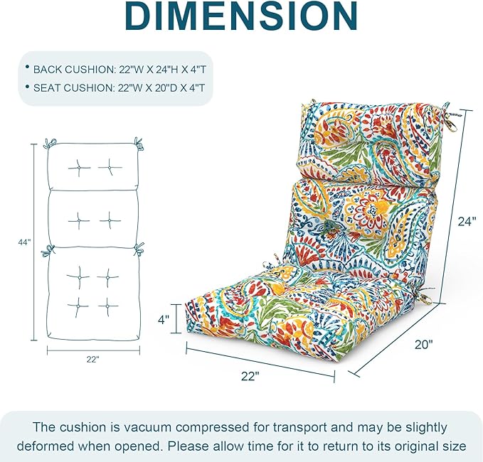 Set of 2 Outdoor High Back Chair Cushions 44"x 22",Water Repellent Rocking Seat Cushions Replacement, Seat/Back Chair Cushions for Patio,Porch,Balcony and Indoor - Paisley Multi