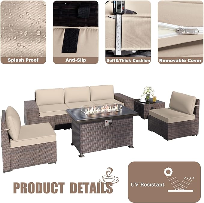 Kurapika 10 Pieces Patio Furniture Set, Rattan Wicker Outdoor Conversation Sets w/43in Propane Fire Pit Table, Swivel Rocking Chairs Patio Sectional Sofa w/4 Inch Cushion, Sand