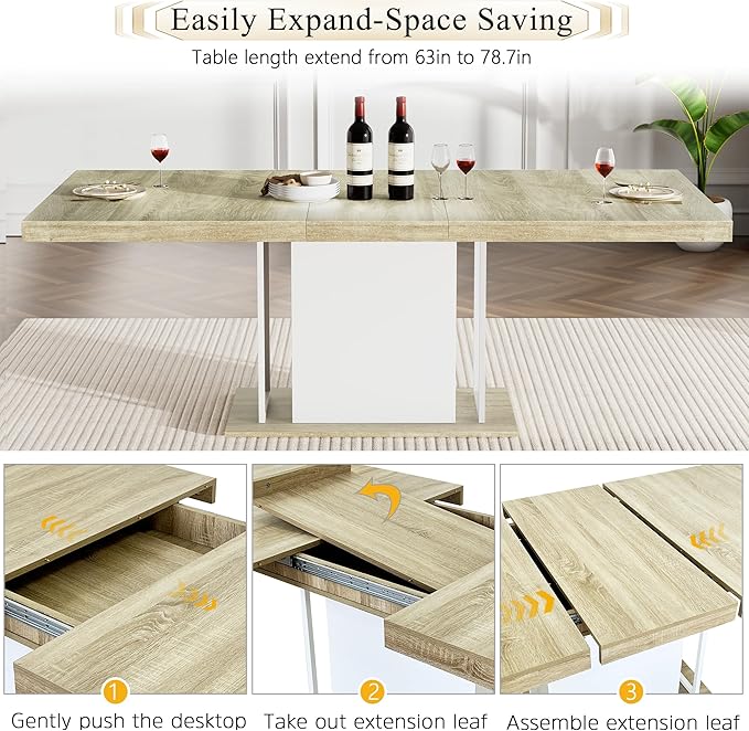 Goujxcy 78.7" Farmhouse Extendable Dining Room Table Set for 4, 5-Piece Rectangle Kitchen Dining Room Table Set with Wood Base and 4 Black Velvet Dining Chairs, Extending Kitchen & Dining Table Set