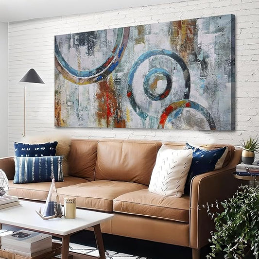 Arjun Abstract Wall Art Geometric Canvas Circle Block Painting Modern Grey Brown Picture Simple Textured Artwork Framed for Bedroom Living Room Home Office Wall Décor, Extra Large 58"x29"
