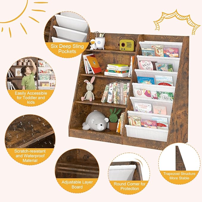 Kids Bookshelf for Bedroom Toddler Child Baby Bookcase 4-Tier for Nursery Book Toy Storage Organizer 6 Sling Adjustable Display Shelf Stand Book Rack Wood Classroom Playroom Rustic Brown