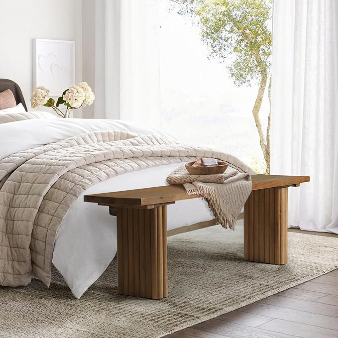 Solid Wood Entryway Bench - 51.2" Fluted Farmhouse Bench, Indoor Long Dining Benches Seat Narrow End of Bed Benches for Entry Way, Kitchen, Living Room and Bedroom, Brown