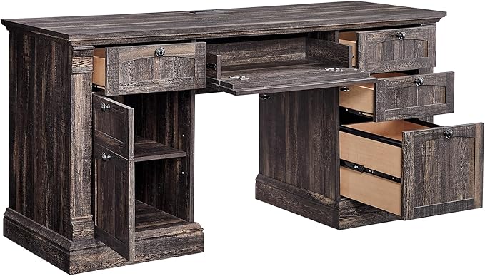 OKD 60" Executive Desk with Drawers, Farmhouse Home Office Desk with Charging Station, Keyboard Tray, File Cabinet Storage, Wood Computer Desk for Work and Study, Dark Rustic Oak
