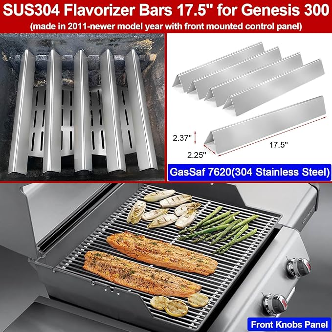GasSaf Grill Flavorizer Bars 17.5 for Weber Genesis 300 Replacement Parts, 304 Stainless Steel Flavor Bars 7620 7621, Built Parts for Weber Genesis 300 310 320 330 Gas Grills (Front-Knob 2011-2016)