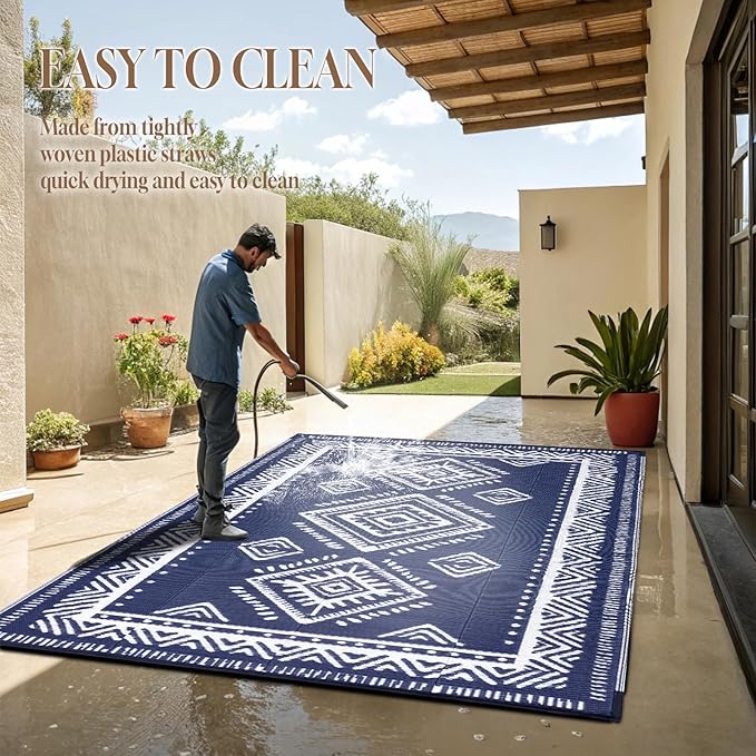 OMERAI Reversible Waterproof Outdoor Rug for Backyard,Plastic Textured Resistant Outdoors Rugs,Portable Washable Easy Cleaning Foldable Camping Beach Carpet for Patio Courtyard, 8'x10' Blue & White