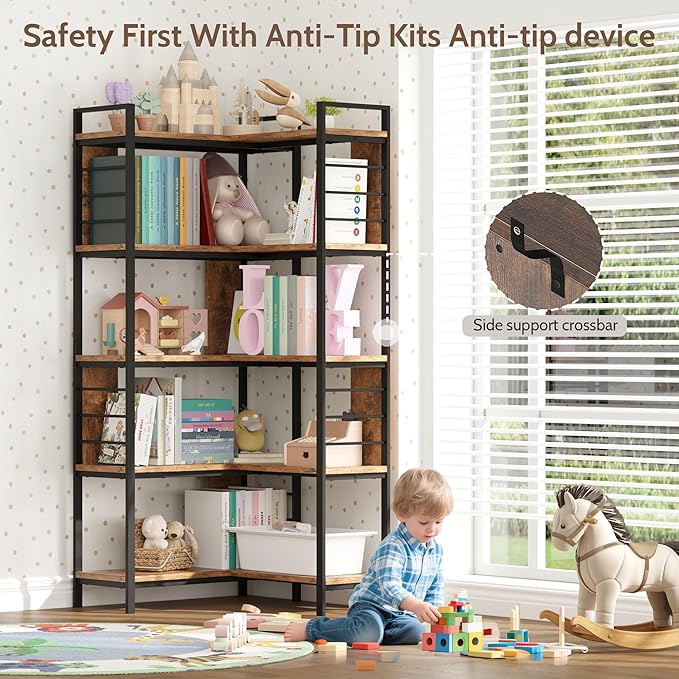 5 Tier Corner Bookshelf, Reversible Corner Shelf, Industrial Wooden Display Book Shelf Stand, L-Shaped Etagere Bookcase with Storage Shelves and Metal Frame for Living Room, Bedroom, Home Office