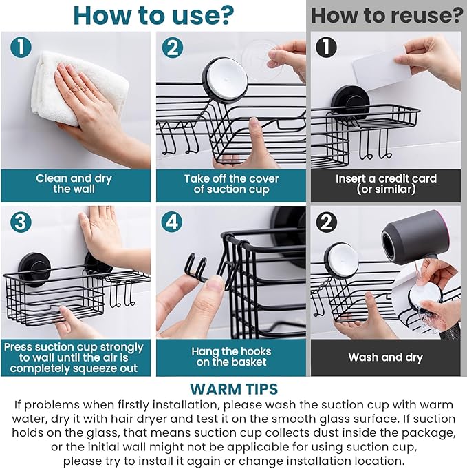 TAILI Shower Caddy Suction Cup with Hooks and Soap holder, Heavy Duty Bathroom Shower Organizer, No Drilling Bathroom Holder with Large Capacity, Metal Black Storage Basket