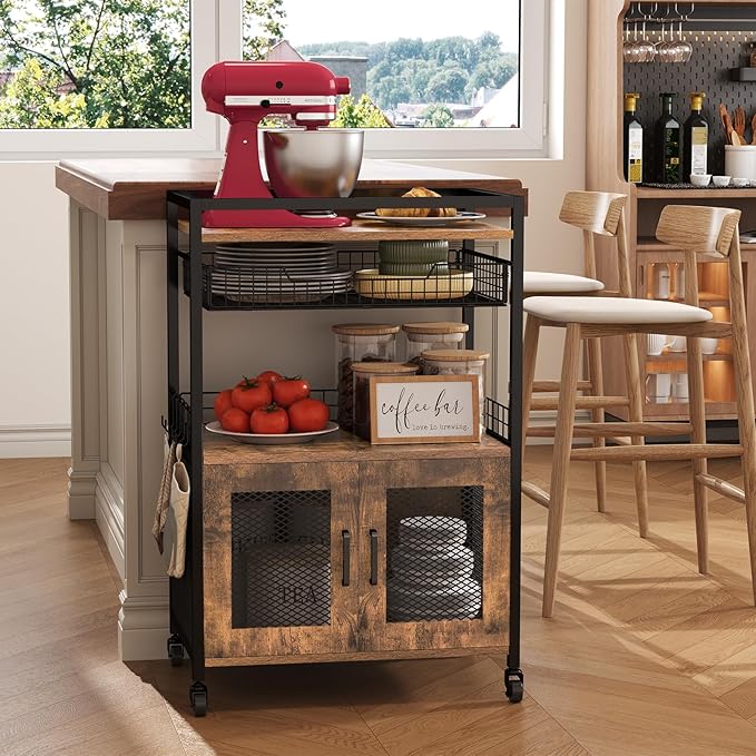 Coffee Bar Cabinet, 3 Tier Coffee Station Table on Wheels, 35.9" H Bar Cart with Wire Basket Drawer & 5 Hooks for Home Kitchen, Liquor Buffet Sideboard Cabinet (Rustic Brown)