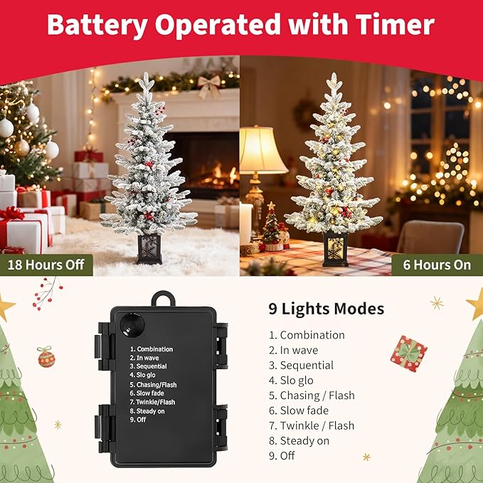 Small Pre-Lit Christmas Tree with LED Lights - 3.5FT Snow Flocked Ariticifial Tree with Vintage Snowflake Base, Battery Operated & Auto Timer for Home Office Xmas Decor