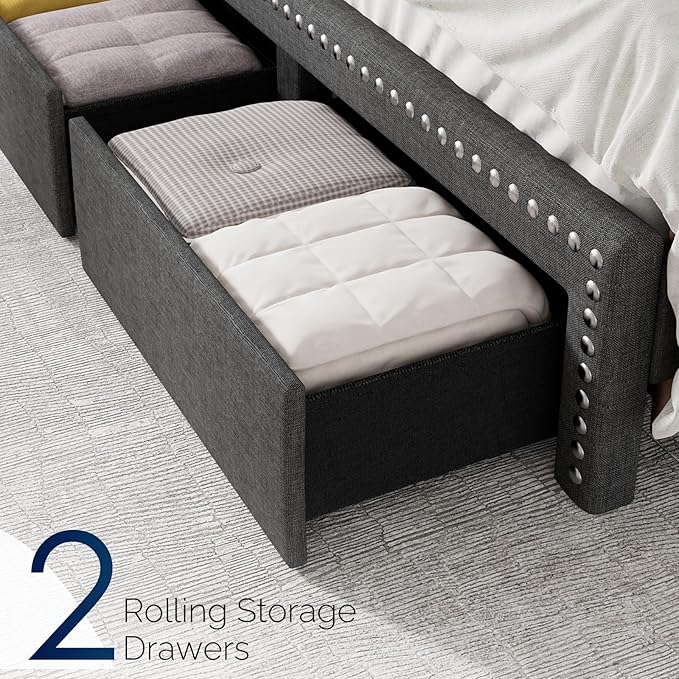Queen Size Bed Frame with Storage Headboard and Drawers Modern Rivets Upholstered Bed Frame with LED Charging Station Queen Bedframe No Box Spring Needed