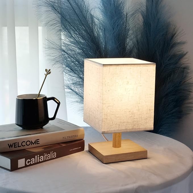 Small Table Lamp Mini Bedside Night Light Wooden Simple Desk Nightstand Lighting with Linen Shade for Bedroom, Living Room, Kids Room (Including LED Bulb) (Square)