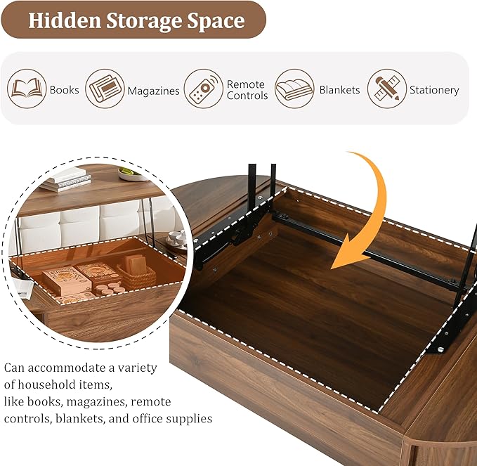 WILLIAMSPACE 47.2'' Lift Top Coffee Table with Hidden Compartment Storage, Modern Wooden Oval Center Table Accent Lift Tabletop Tea Table for Living Room, Walnut