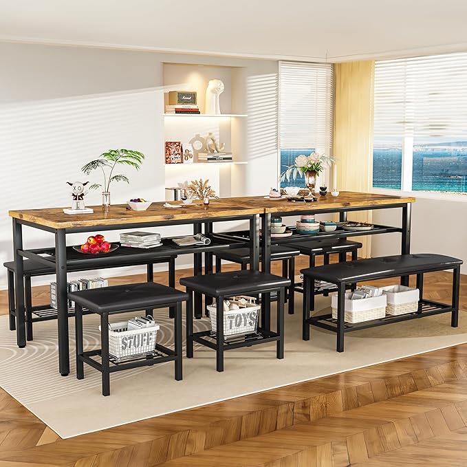 Lamerge Kitchen Tables Set for 4, Rectangular Dining Room Table Set with Bench and Stools, 4 Pieces Dining Room Table Set with Storage Rack for Small Space, Breakfast Nook and Apartment, Rustic Brown