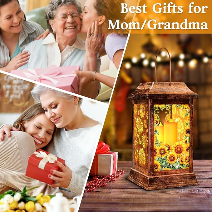 Sunflower Solar Lanterns Outdoor Waterproof, Metal & Glass Hanging Lights Garden Decor, Birthday Gifts for Women Mom Grandma Mothers Day, Decorative Lights for Outside Yard Patio Backyard Porch