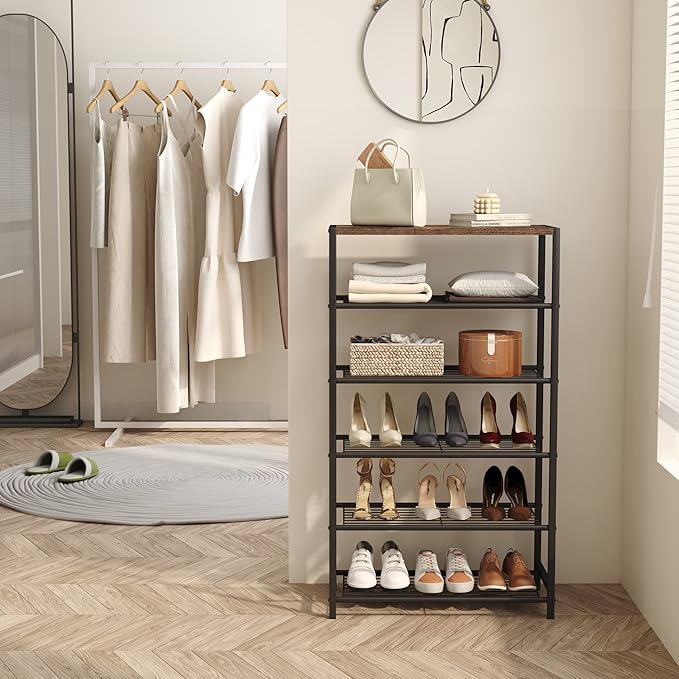 HOMEFORT Shoe Rack 6-Tier, Shoe Storage Shelf, Industrial Shoe Tower, Narrow Shoe Organizer for Closet Entryway, Small Shoe Rack Table with Durable Metal Shelves, Rustic Brown