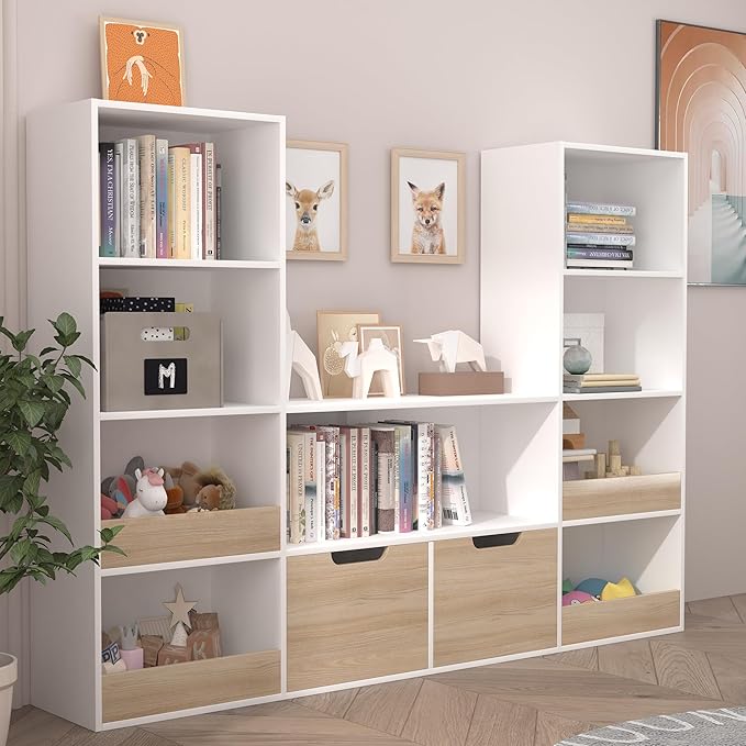 Toy Organizer and Nursery Bookshelf, 4-Tier Wooden Kids Bookcase with Storage Bins, Playroom Storage Rack for Toys and Books, Toy Storage Organizer for Playroom, Nursery, Classroom, Oak & White