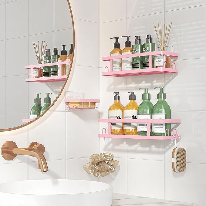 Adhesive Shower Caddy,Shower Shelves with Soap Holder and 12 Hooks,Rustproof No Drilling Bathroom Organizer and Storage,Pink,3 Pack