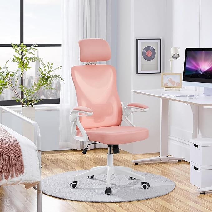 Yaheetech Ergonomic Office Chair, High Back Mesh Desk Chair with flip-up Armrests, Adjustable Headrest Computer Chair with Lumbar Support for Home Oiffce Gaming Room, White/Pink