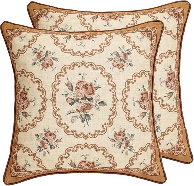 patdrea Designer Vintage Floral Throw Pillow Covers for Couch Set of 2,Brown Linen Pillowcases with Bird and Rose Pattern Decorative Square Cushion for Bed Living Room Outdoor Cafe Car,18"x18"
