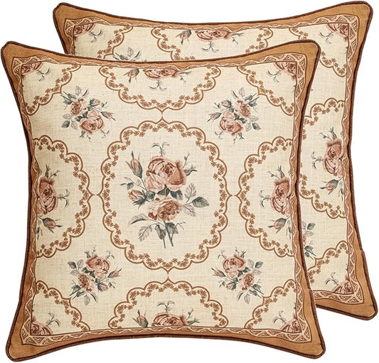 patdrea Designer Vintage Floral Throw Pillow Covers for Couch Set of 2,Brown Linen Pillowcases with Bird and Rose Pattern Decorative Square Cushion for Bed Living Room Outdoor Cafe Car,18"x18"