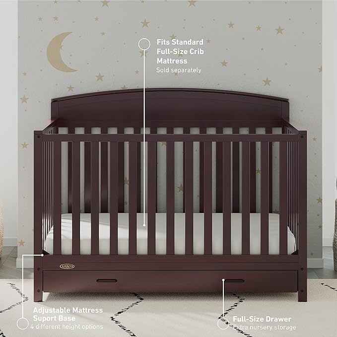 Graco Benton 5-in-1 Convertible Crib with Drawer (Espresso) - Converts from Baby Crib to Toddler Bed, Daybed and Full-Size Bed, Fits Standard Full-Size Crib Mattress, Adjustable Mattress Support Base