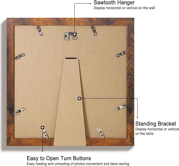 12x12 Picture Frame Set of 4 with Tempered Glass, Rustic Frame Display 10x10 Pictures with Mat or 12 x 12 Without Mat, Wood Square Photo Frames for Desktop Display and Wall Mounting