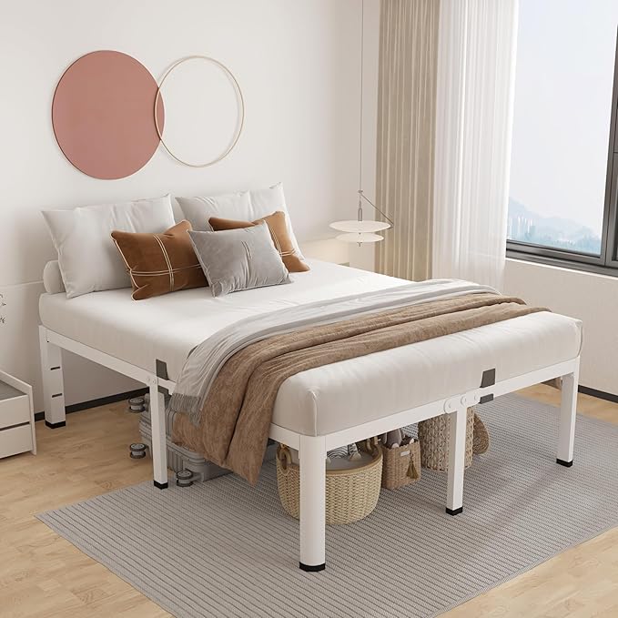 ROIL 18 Inch White Queen Bed Frame with Rounded Corner and Headboard Hole Mattress Retainers 3500LBS Heavy Duty Steel Slats No Box Spring Needed Platform Noise-Free Easy Assembly