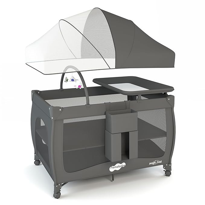 Pamo Babe 1-Second Setup 4-in-1 Playard for Babies - Portable Crib with Mosquito Net & Changing Table, Breathable Mesh, Toy Bar