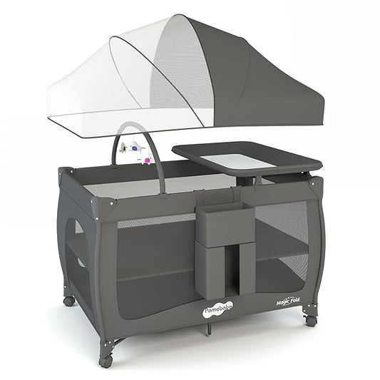 Pamo Babe 1-Second Setup 4-in-1 Playard for Babies - Portable Crib with Mosquito Net & Changing Table, Breathable Mesh, Toy Bar