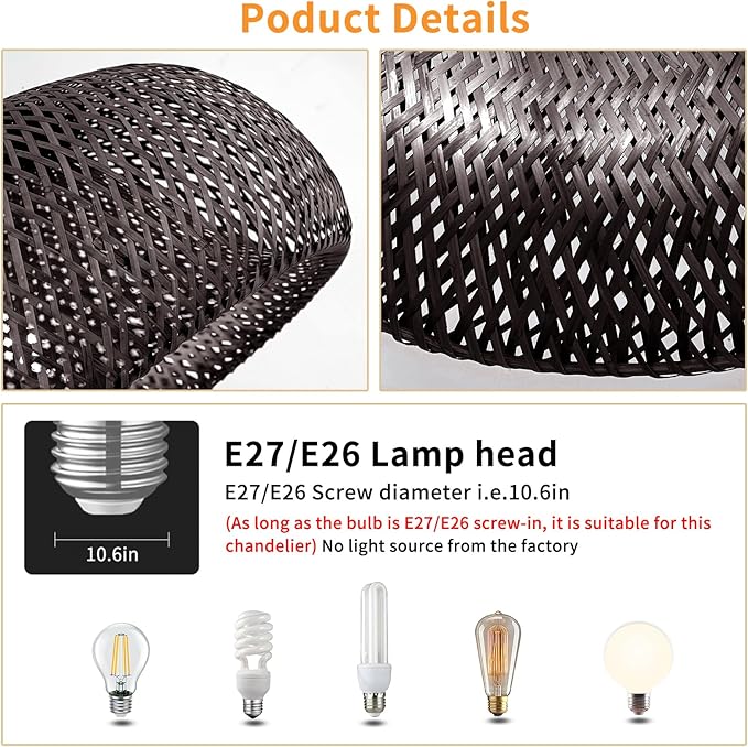 Black Bamboo Pendant Light, 11.8inch Hand-Woven Natural Wicker Rattan Farmhouse Lamp, Boho Hanging Chandelier, Rustic Kitchen Island Ceiling Pendant Light for Living Room, Dining, Foyer