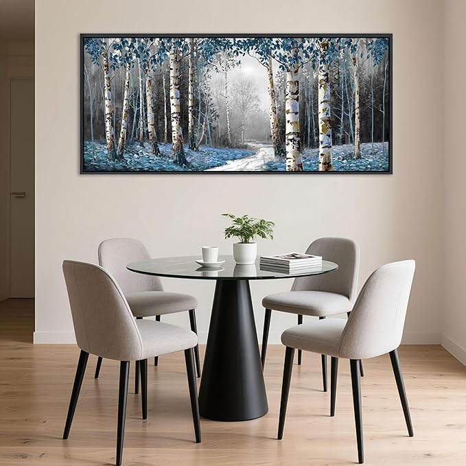 HKDGOKA Large Landscape Wall Art, Gray Blue Birch Tree Abstract Canvas Painting Picture Modern Misty Forest Artwork Framed for Living Room Bedroom Office Kitchen Home Wall Decor 71"x32"