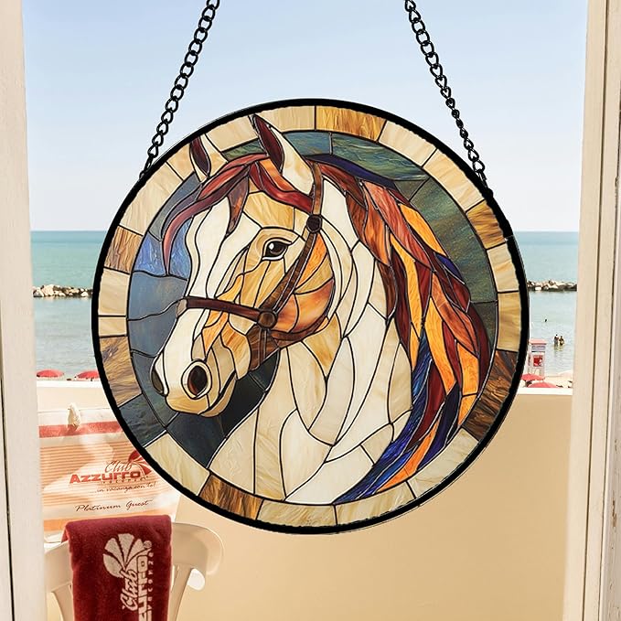 Stained Glass Window Hanging, Animal Horse Colored Mane Sun Catchers Glass Panel Cool Suncatcher Decor for Birthday for Women, Men, Wife, Aunt, and Mom 14.9x14.9 in